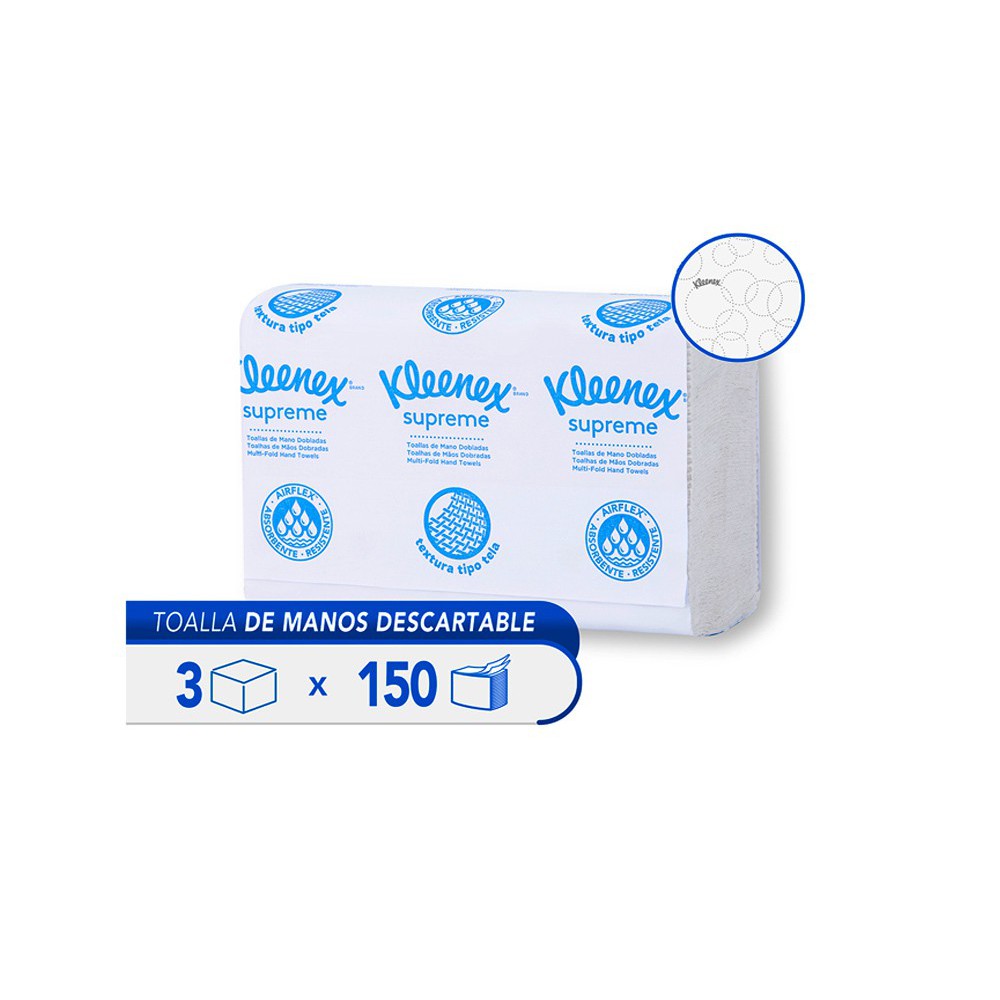 PAPEL TOALLA DE MANOS DOBLE HOJA MULTIFOLD KLEENEX SUPREME X 150