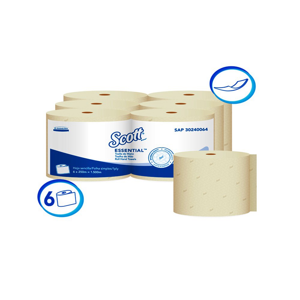 PAPEL TOALLA DE MANOS HOJA SENCILLA NATURAL SCOTT ESSENTIAL 250 MTS