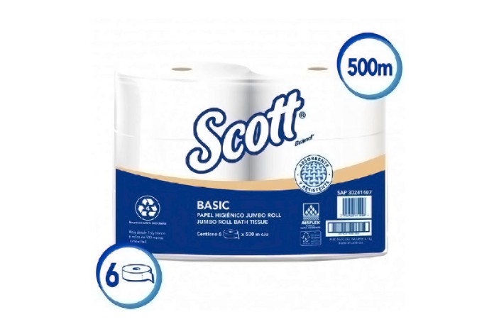 PAPEL HIGIENICO HOJA SENCILLA ROLLO JUMBO SCOTT BASIC CAJA (6 X 500 MTS) (30241407)