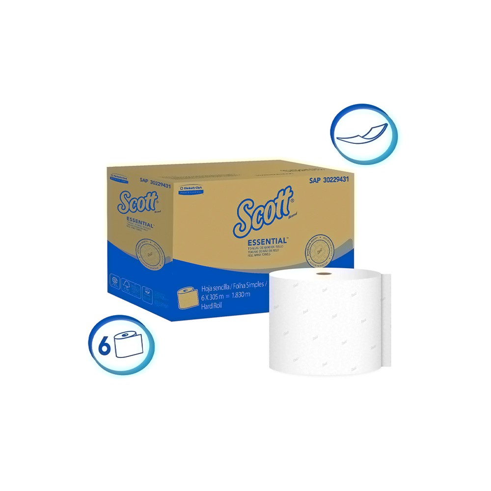 PAPEL TOALLA DE MANOS HOJA SENCILLA ROLLO SCOTT ESSENTIAL CAJA (6 X 305 MTS) (30229431)