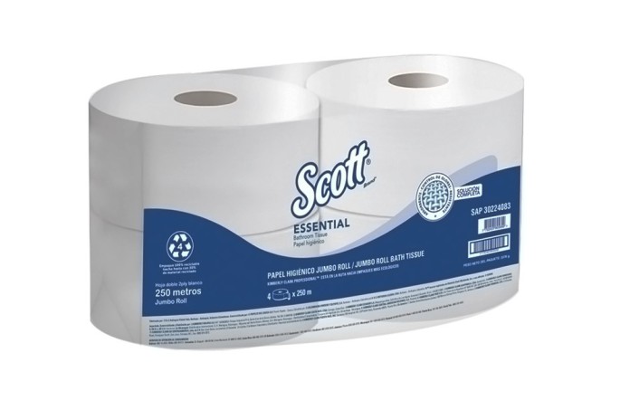 PAPEL HIGIENICO DOBLE HOJA ROLLO JUMBO SCOTT ESSENTIAL CAJA (4 X 250 MTS) (30224083)